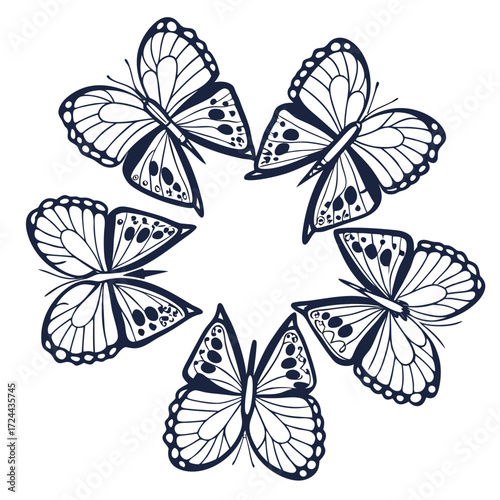 A circular arrangement of six delicate dark blue line art butterflies with patterned wings and bodies on a clean white background