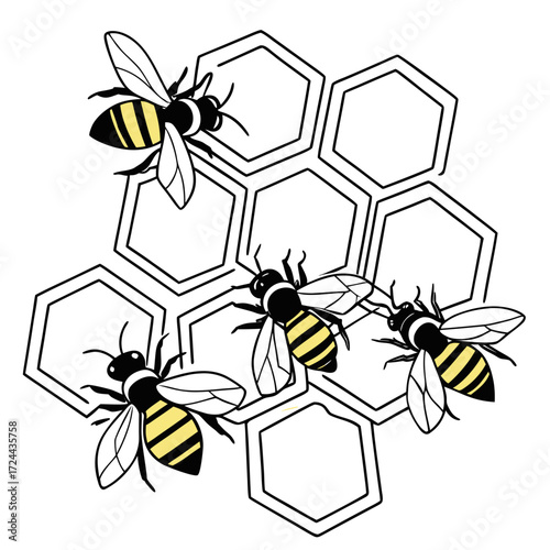 A charming illustration of four stylized bees with yellow and black stripes flying around a honeycomb structure on a white background