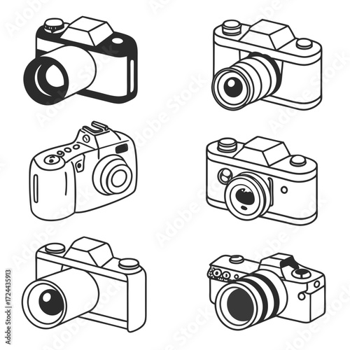 A collection of six different stylized black and white line art illustrations of various camera types including vintage and modern designs presented in a grid layout on a white background