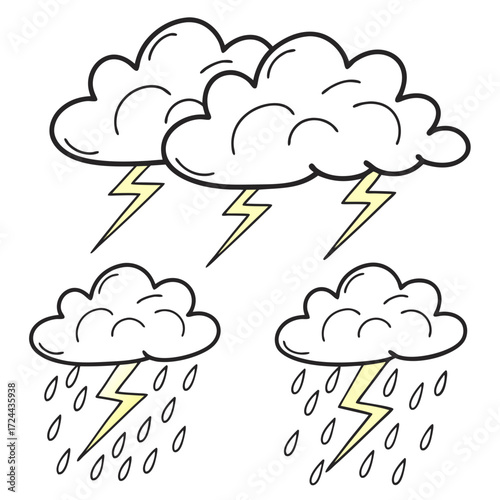 A collection of stylized cartoon clouds with lightning bolts and rain drops representing stormy weather conditions and atmospheric phenomena