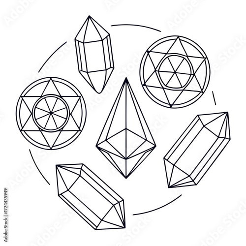 A collection of stylized geometric crystals and sacred geometry symbols arranged in a circular pattern on a white background representing spirituality and natural elements