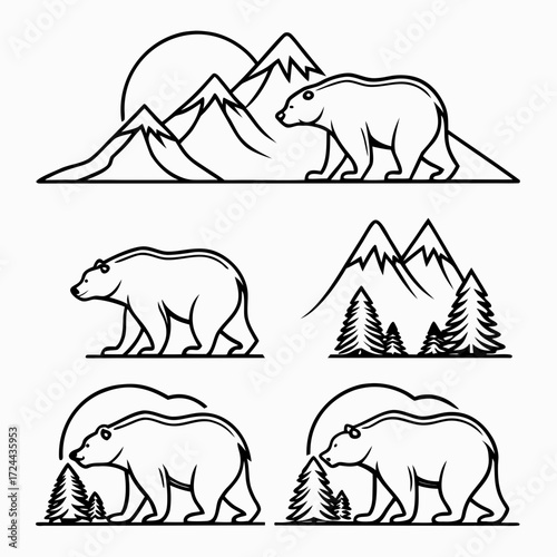 A collection of stylized line art illustrations featuring bears in natural mountain and forest landscapes with sun elements perfect for logos and designs