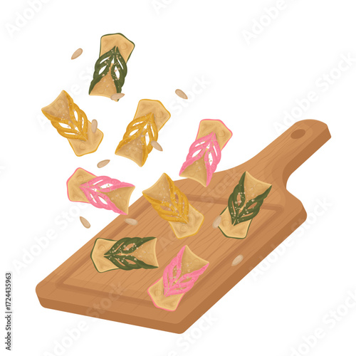 Vector Illustration Logo Clipart Levitation Maejakgwa or Korean Ginger Cookies on a Wooden Board 
