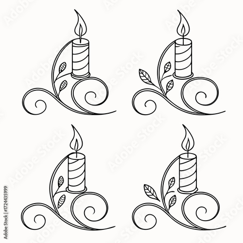 A decorative black and white line art illustration featuring four identical ornate candle designs with swirling vines and leaves perfect for festive or elegant designs