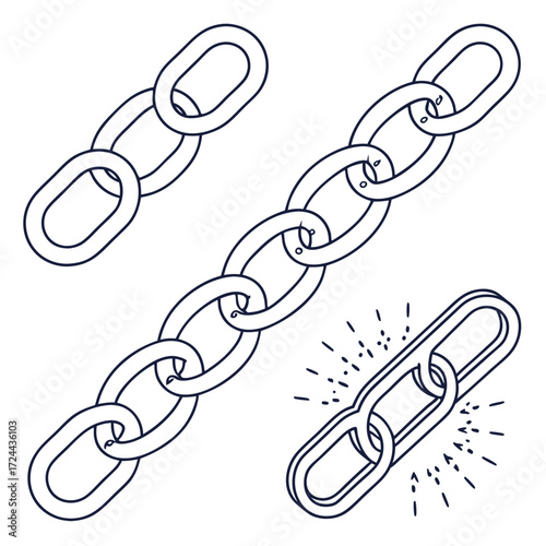 A series of interconnected chain links presented in a minimalist line art style with a broken link symbolizing disconnection and separation
