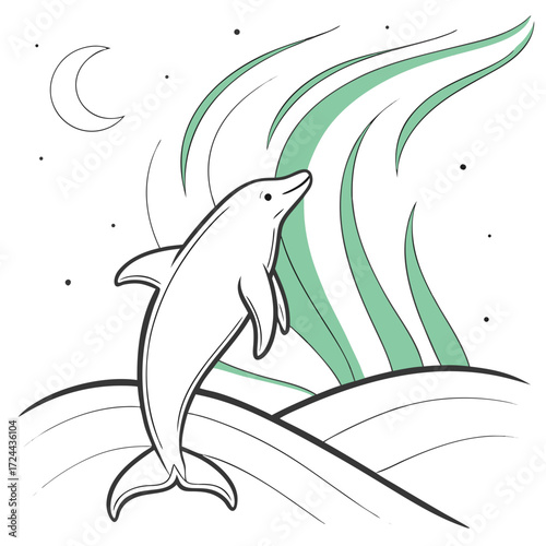 A minimalist line art illustration of a playful dolphin leaping out of stylized ocean waves under a crescent moon and starry night sky