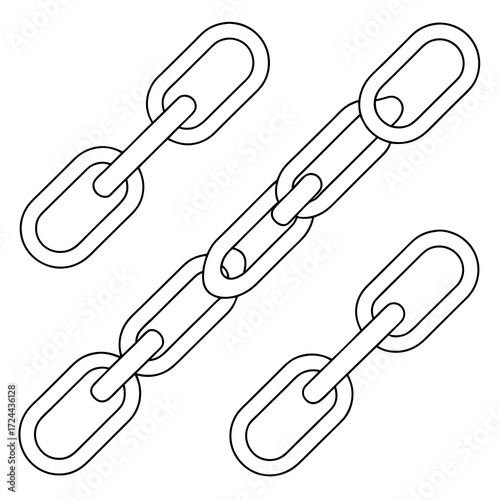 A simple black and white outline illustration of three separate chain segments arranged diagonally and horizontally against a white background