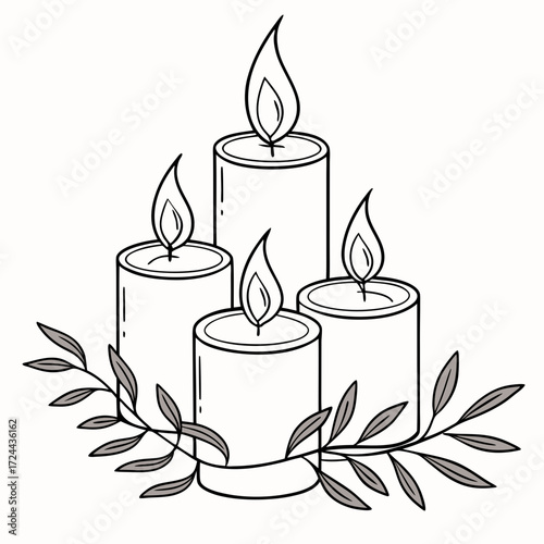 A simple line art illustration of four lit candles of varying heights arranged with delicate branches and leaves on a white background