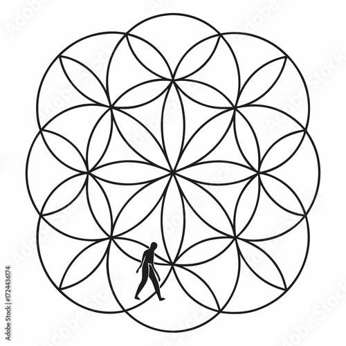 A solitary silhouetted figure walks through the intricate geometric pattern of the flower of life sacred geometry symbol representing existence and interconnectedness