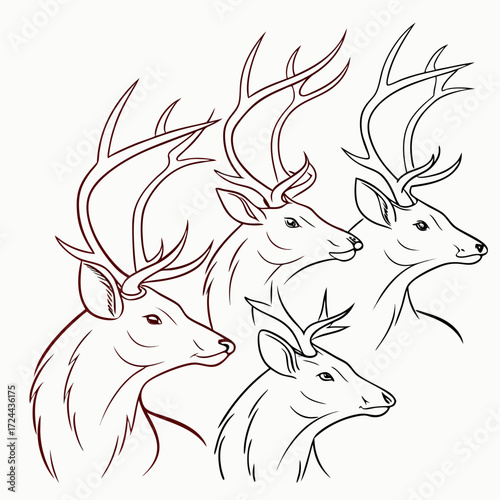 A stylized artistic illustration featuring a group of majestic deer heads with prominent antlers rendered in clean line art with a subtle color gradient