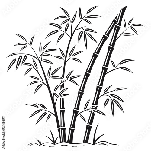 A stylized black and white illustration of a bamboo grove with slender stalks and delicate leaves set against a clean white background evoking a sense of natural simplicity and asian elegance