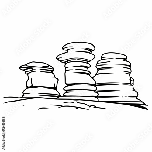 A stylized black and white line drawing of three stacked hoodoos or rock formations standing on a barren landscape under a white background