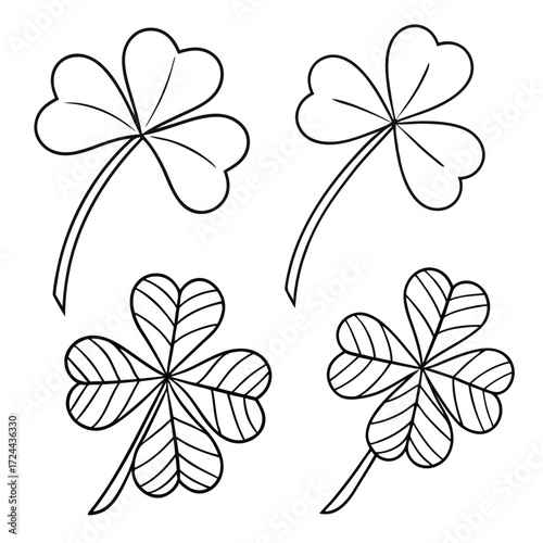 Collection of simple black outline drawings of three leaf clovers and four leaf clovers on a white background for design
