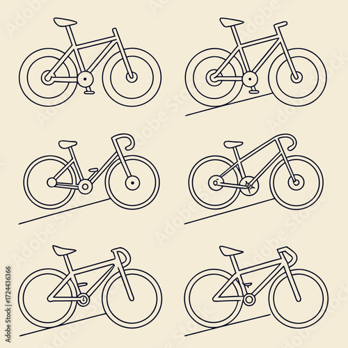 Collection of six outline bicycle illustrations showcasing different styles including mountain bikes and road bikes on a light beige background