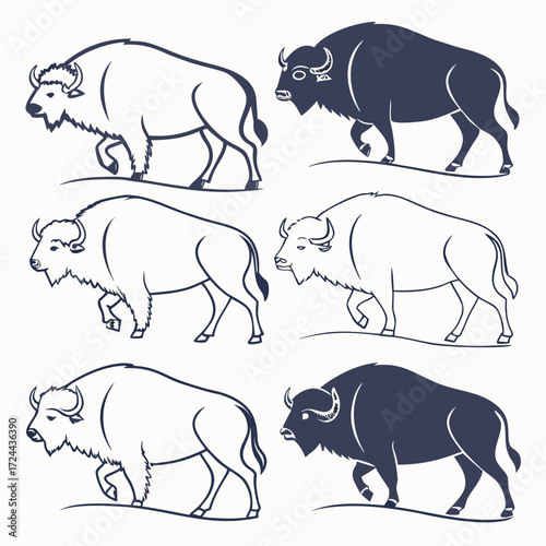 Collection of six stylized illustrations of american bison or buffalo in profile view presented in both outline and silhouette forms walking on a plain background
