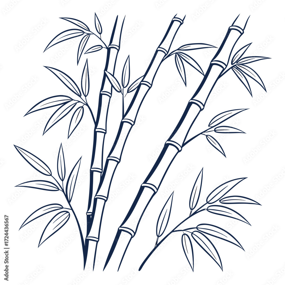 Naklejka premium Elegant hand drawn outline illustration of bamboo stalks and leaves in a simple dark blue line art style on a white background