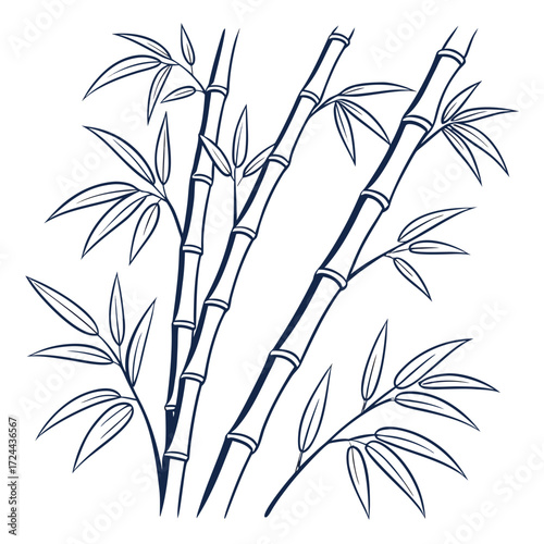 Elegant hand drawn outline illustration of bamboo stalks and leaves in a simple dark blue line art style on a white background