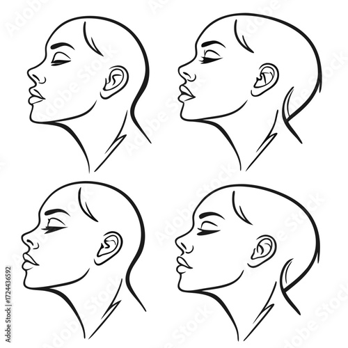 Elegant minimalist line art drawing of four female profiles with closed eyes and serene expressions showcasing delicate facial features and graceful necklines isolated on a white background