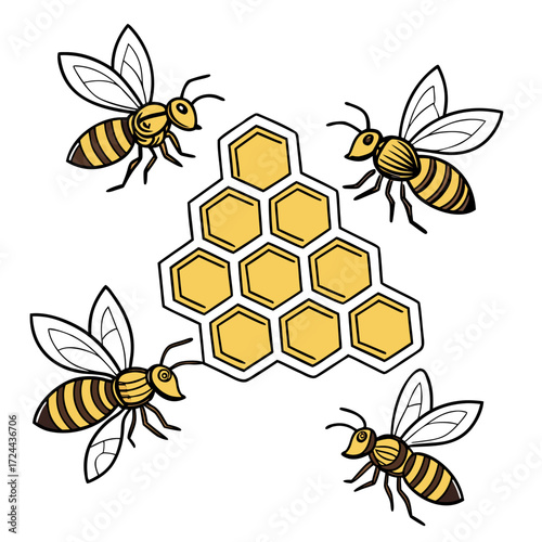 Four cartoon bees buzzing around a honeycomb structure with yellow hexagonal cells on a white background representing nature and agriculture