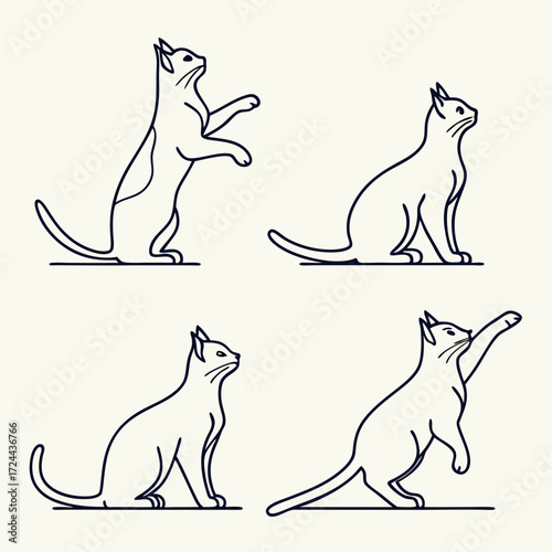 Four minimalist line art illustrations of domestic cats in various playful and curious poses against a neutral background