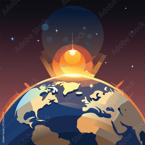 Earth with sunrise and abstract cosmic elements planet
