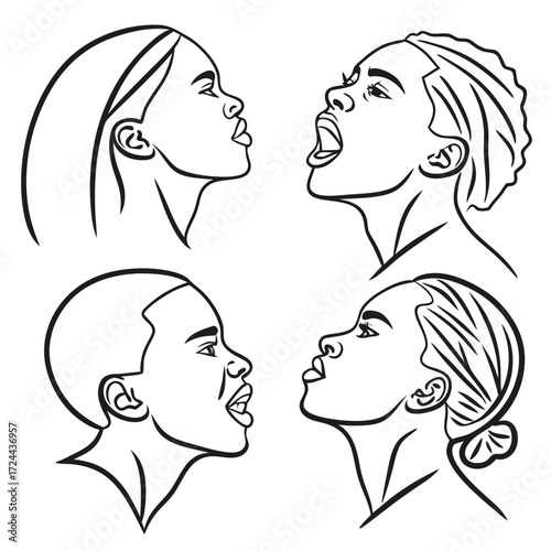 Four stylized black and white line art portraits of diverse young black women and men in profile expressing emotions and looking upwards with open mouths and varied hairstyles