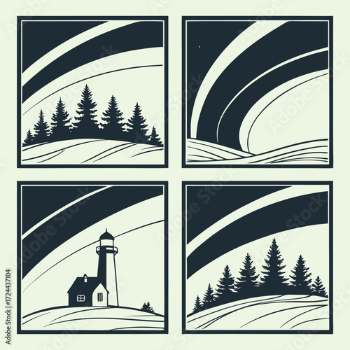 Four stylized graphic panels depicting serene winter landscapes with dark silhouettes of evergreen trees and a lighthouse under a dramatic aurora borealis sky