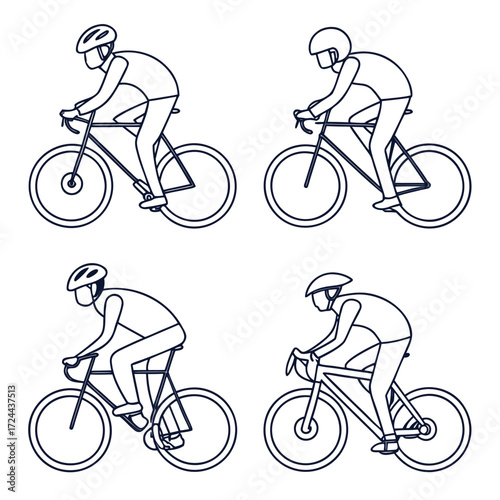 Four stylized line art illustrations of cyclists in profile view wearing helmets and riding road bikes showcasing different riding postures and perspectives against a clean white background