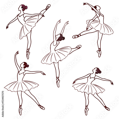 Graceful ballet dancers in various elegant poses showcasing their artistic movements and classical dance attire against a clean white background