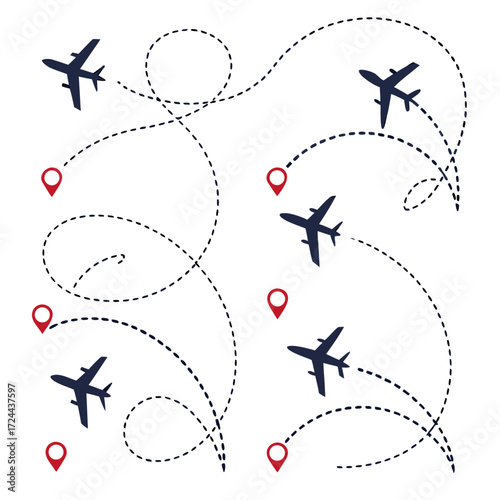 Multiple airplanes flying on dotted paths connecting red location pins illustrating global travel and transportation routes