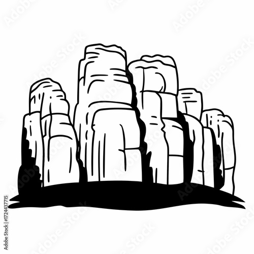Stylized black and white illustration of a cluster of tall jagged rock formations standing against a white background with a solid black shadow base