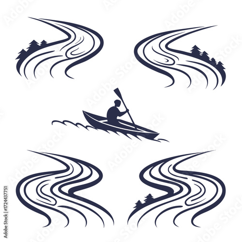 Stylized dark blue silhouette of a person kayaking on a river surrounded by abstract water patterns and pine trees representing outdoor adventure and nature