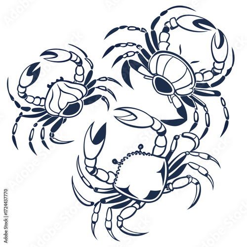 Stylized navy blue line art illustration of three crabs arranged in a circular pattern against a white background representing marine life and the ocean