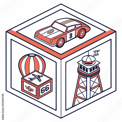 Stylized isometric cube featuring a vintage race car on top a hot air balloon and airplane cargo box on one side and an air traffic control tower on another side