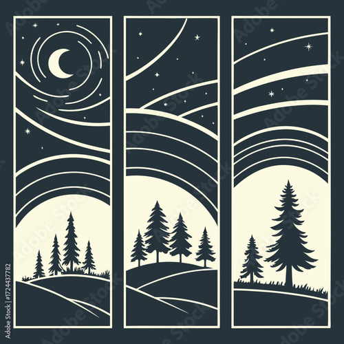 Stylized triptych of a crescent moon and stars above a silhouette of pine trees on rolling hills under a night sky