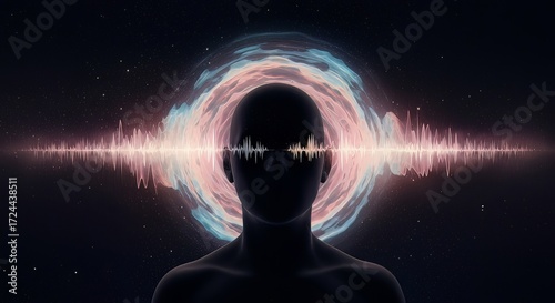 Mindful meditation with sound wave visualization in cosmic nebula