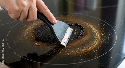 Stubborn burnt food residue being scraped off a modern glass stovetop