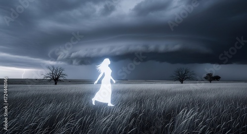 Field under storm clouds with womans ghostlike silhouette walking in foreground
