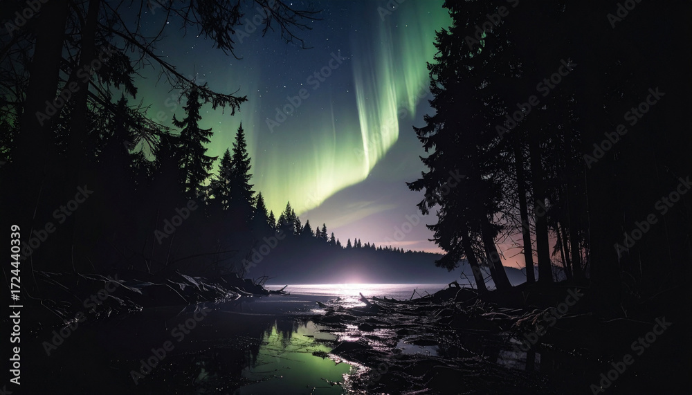 Fototapeta premium Aurora Borealis Over Frozen Lake. Nature Concept. Generated Image