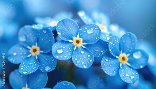 Forgetmenot flowers with raindrops with closeup, and blue floral backdrop.