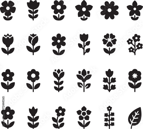 Floral Silhouettes: A curated assortment of black floral silhouette icons, embodying simple elegance and versatility across a multitude of applications, from design to digital representation.