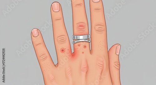Irritated skin reaction on finger with red bumps and inflammation around ring