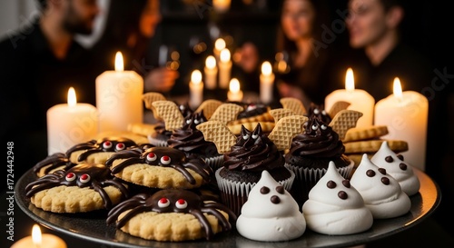 Halloween treats spider cookies bat cupcakes ghost meringues with lit candles in a dark room