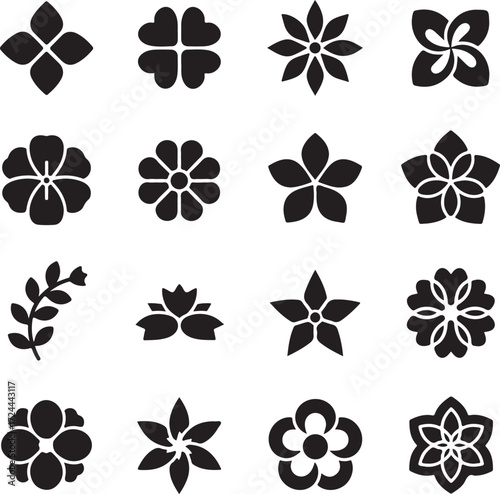 Floral Emblems: An array of beautifully rendered floral icons, each showcasing a unique design in minimalist style, a captivating visual palette for design.