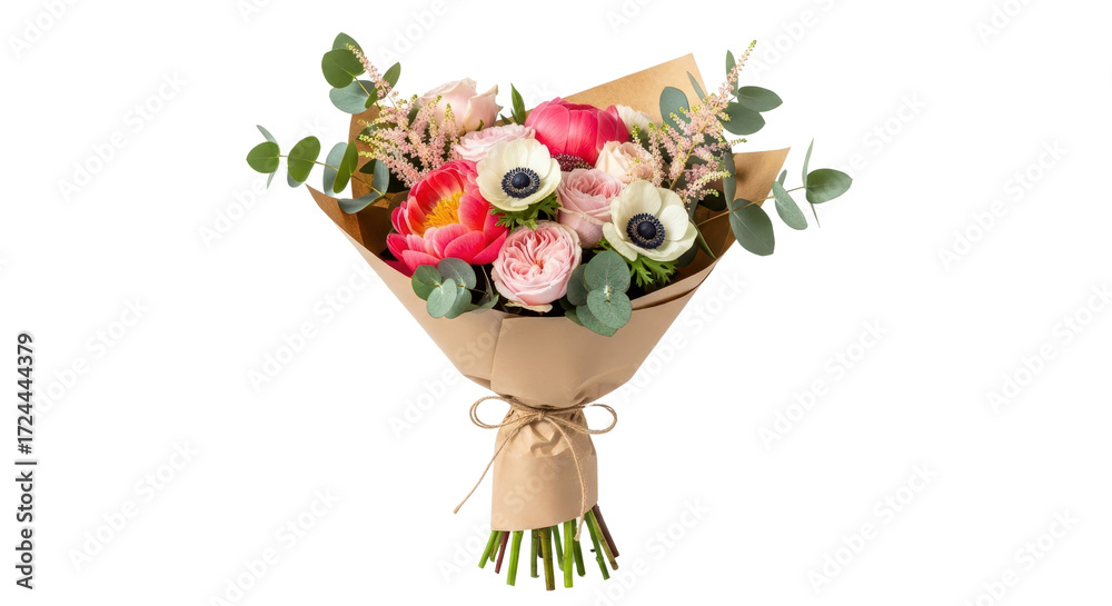 Naklejka premium Fresh flower bouquet with pink and white blooms wrapped in brown paper isolated PNG with Transparent Background