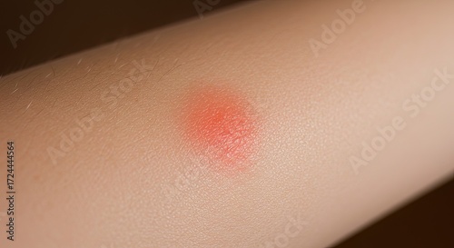 Close up of red irritated mosquito bite on human skin with fine hairs visible