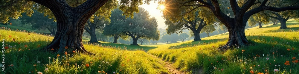 Fototapeta premium Sun-dappled forest floor in Greece, ancient olive trees casting shadows, lush vegetation, vibrant wildflowers, tranquil scene A glimpse of the mythical Greek landscape , untamed, nature