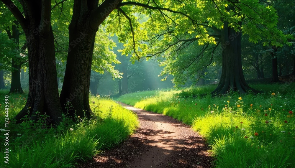 Obraz premium Sun-dappled path winds through lush green forest park, ancient trees casting shadows, vibrant undergrowth, tranquil scene , path, shadow