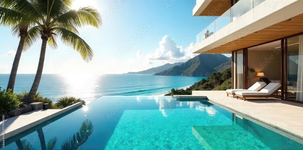 Fototapeta premium Sun-drenched villa with infinity pool overlooking a breathtaking ocean vista; epitome of luxurious, carefree living Perfect for travel, vacation, and luxury lifestyle imagery , getaway, serene, water