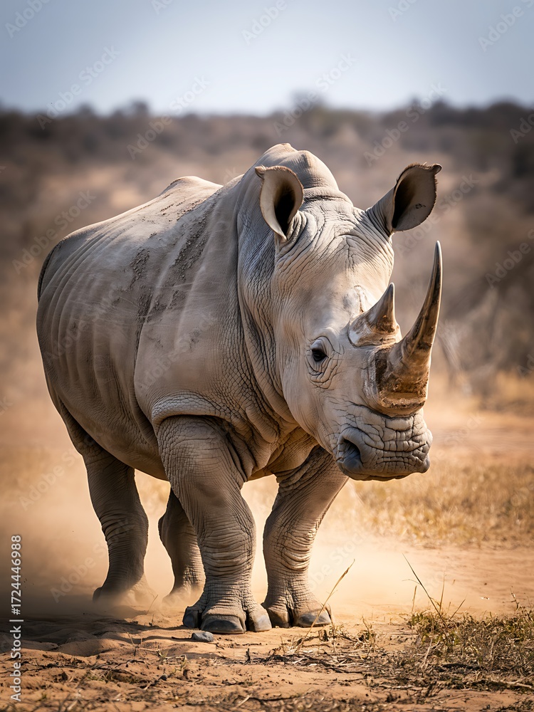 Obraz premium Rhinoceros standing firm in the African savanna. A powerful portrait of a majestic and endangered wild animal in its natural habitat.